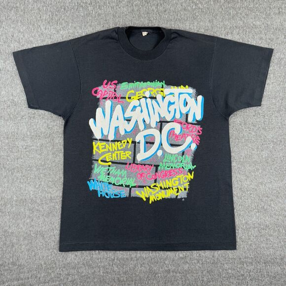 Vintage Washington DC Memorials Graffiti T-Shirt Men's Large Black‎ Hip Hop 80s - Picture 1 of 7